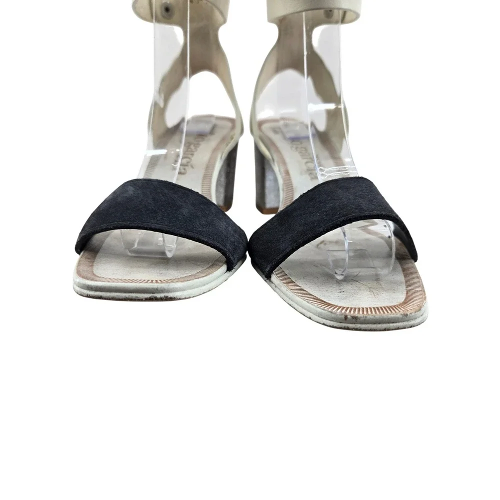 Pedro Garcia Xola Sandals White Leather Black‎ Suede Silver Block Heel Size 37 7